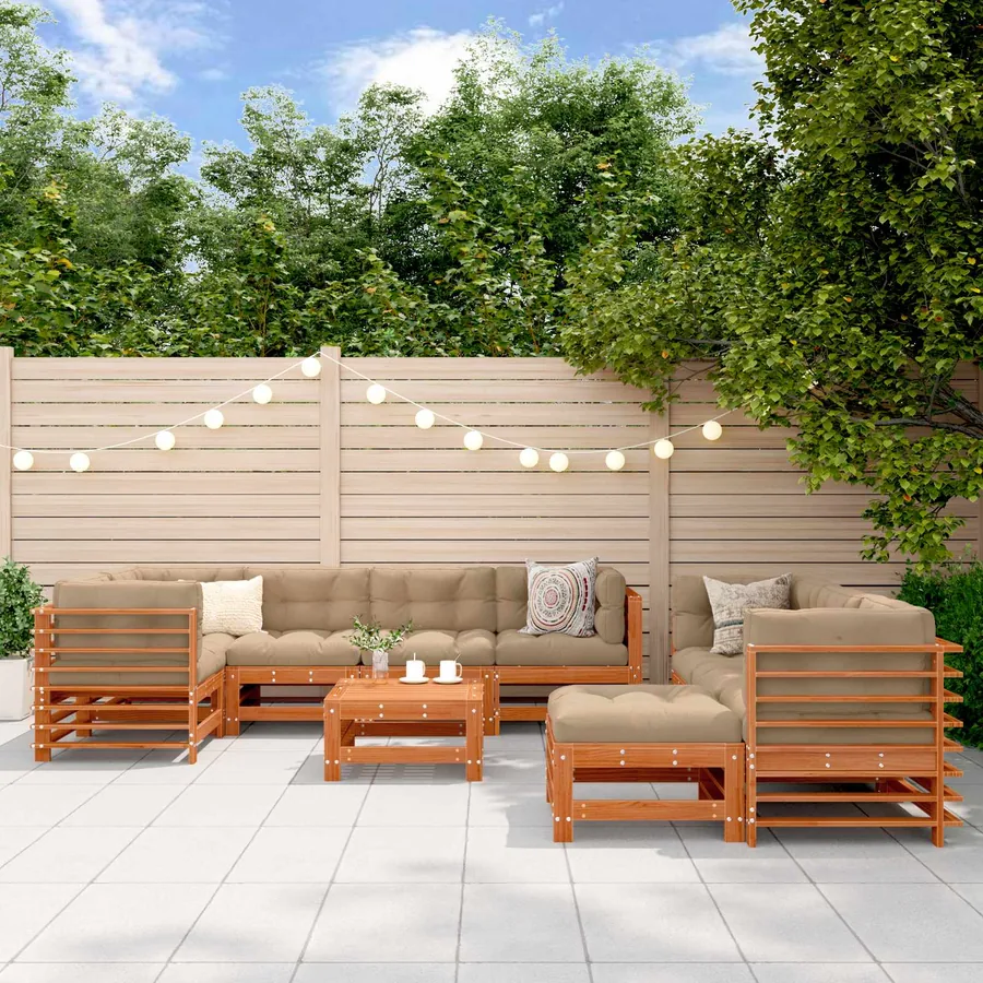 Ensemble de salon de jardin 10 pcs Brun cire Bois de pin massif