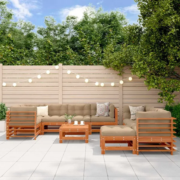 Ensemble de salon de jardin 10 pcs Brun cire Bois de pin massif