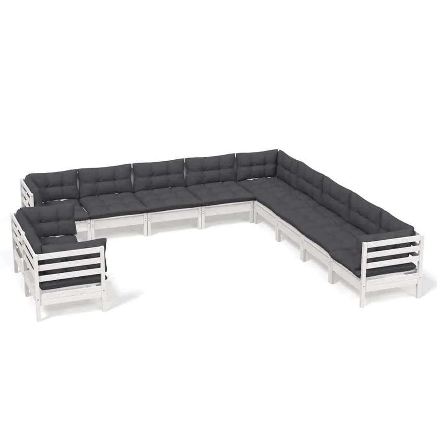 Salon de jardin 11 pcs avec coussins blanc bois de pin solide - 2