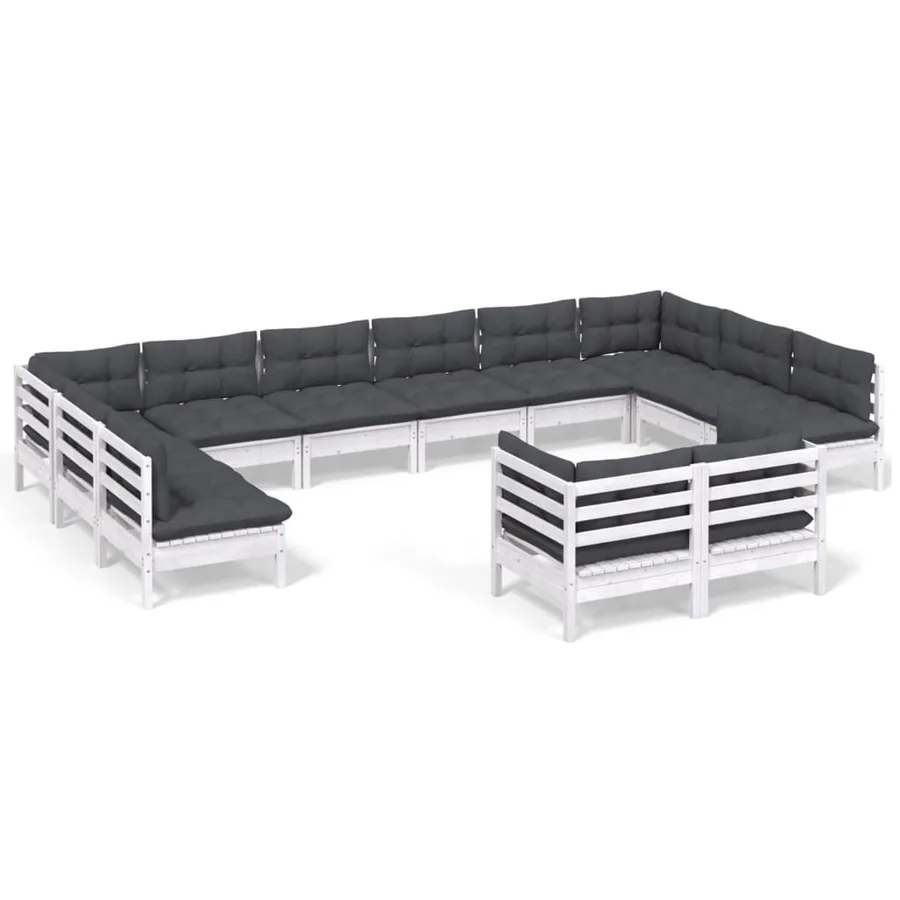 Salon de jardin 12 pcs avec coussins blanc bois de pin solide - 2