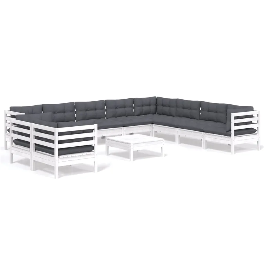Salon de jardin 11 pcs avec coussins blanc bois de pin solide - 2