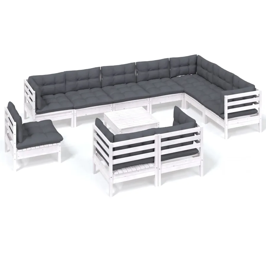 Salon de jardin 11 pcs avec coussins blanc bois de pin solide - 2