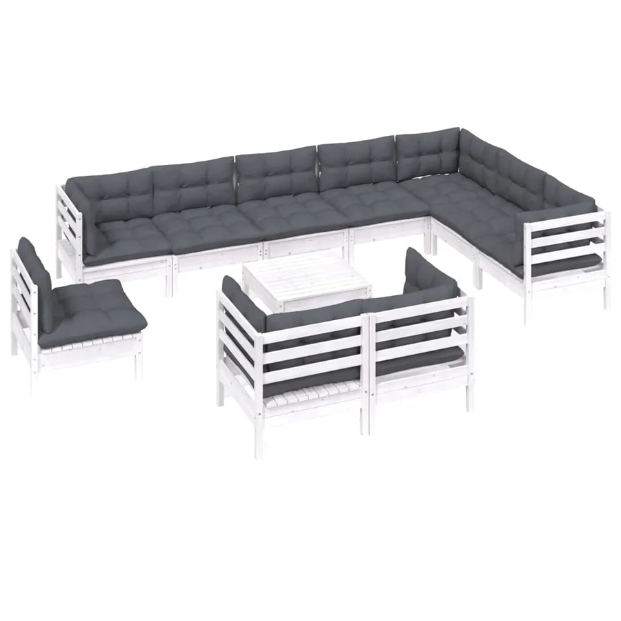 Salon de jardin 11 pcs avec coussins blanc bois de pin solide - 3