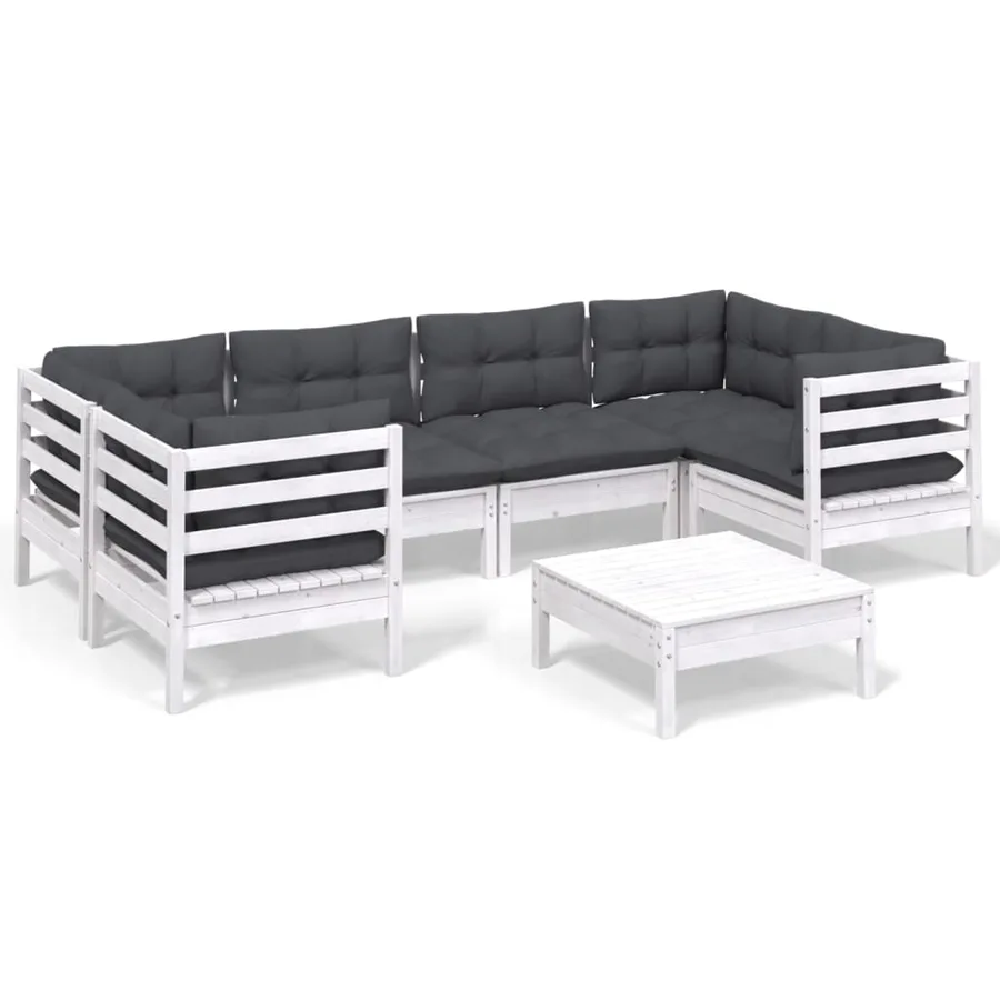 Salon de jardin 7 pcs avec coussins blanc bois de pin - 2