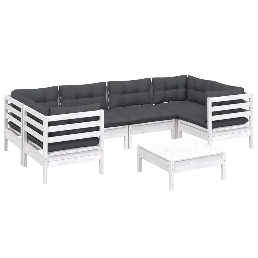 Salon de jardin 7 pcs avec coussins blanc bois de pin - 3