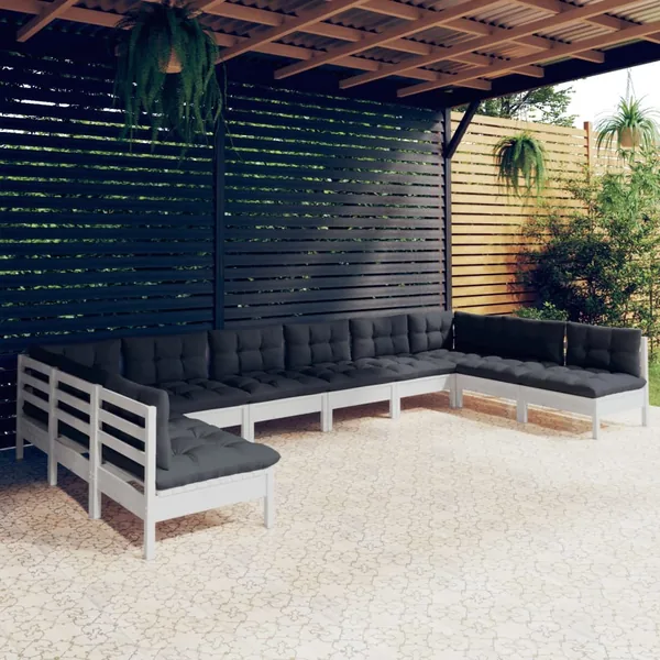 Salon de jardin 10 pcs avec coussins blanc bois de pin massif
