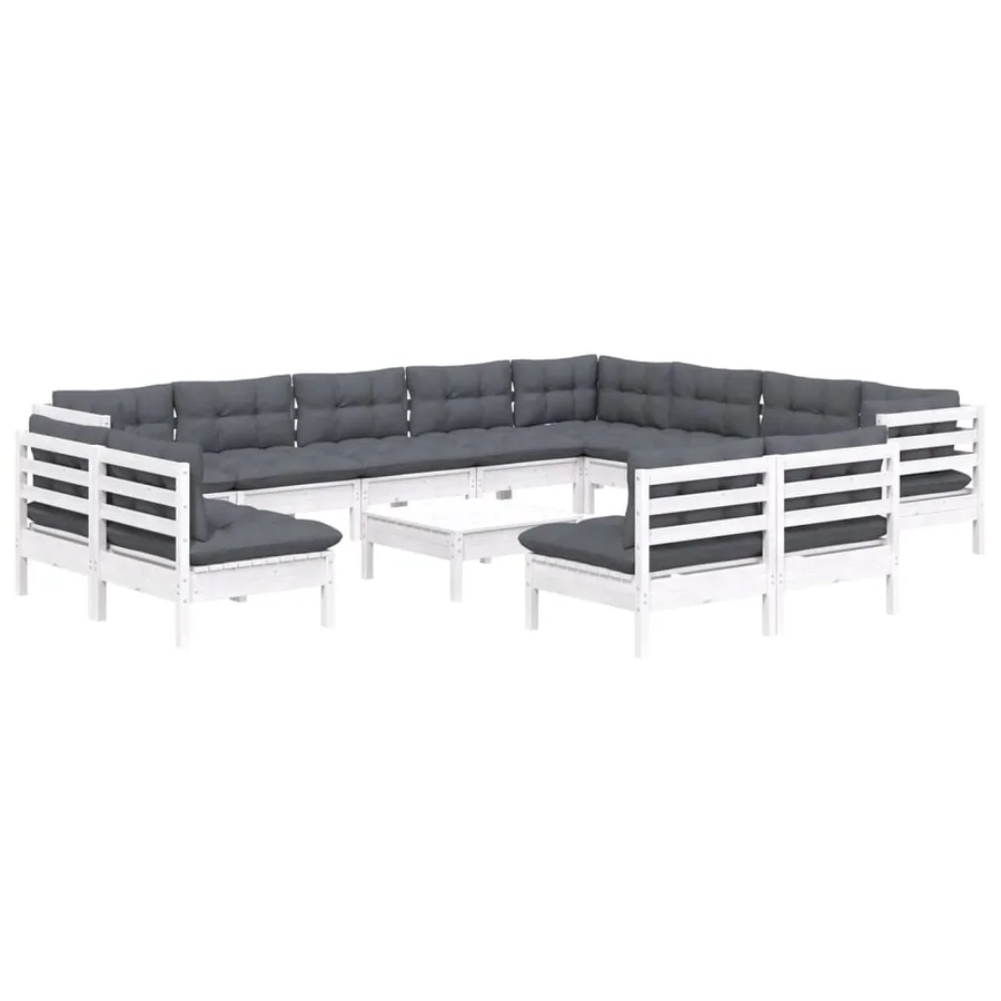 Salon de jardin 13 pcs avec coussins blanc bois de pin solide - 3
