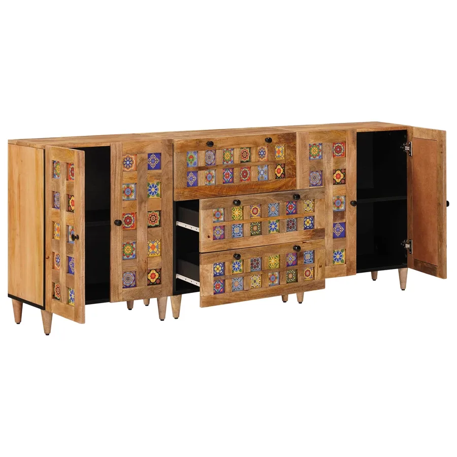 Buffet 3 pcs Naturel 60 x 33,5 x 75 cm Bois de mangue massif - 2
