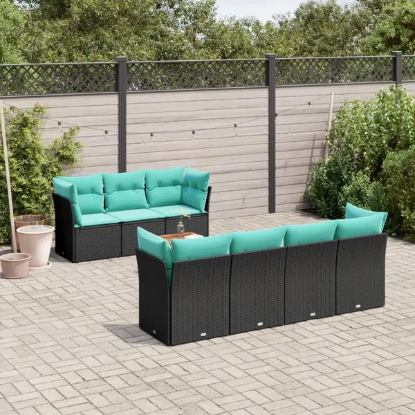 Salon de jardin 8 pcs avec coussins noir résine tressée