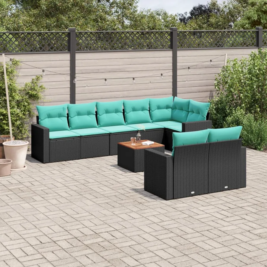 Salon de jardin 9 pcs avec coussins noir résine tressée