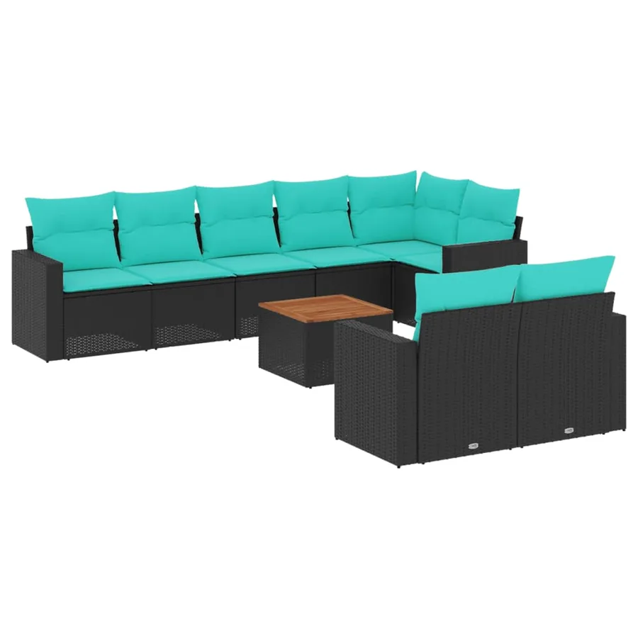 Salon de jardin 9 pcs avec coussins noir résine tressée - 2