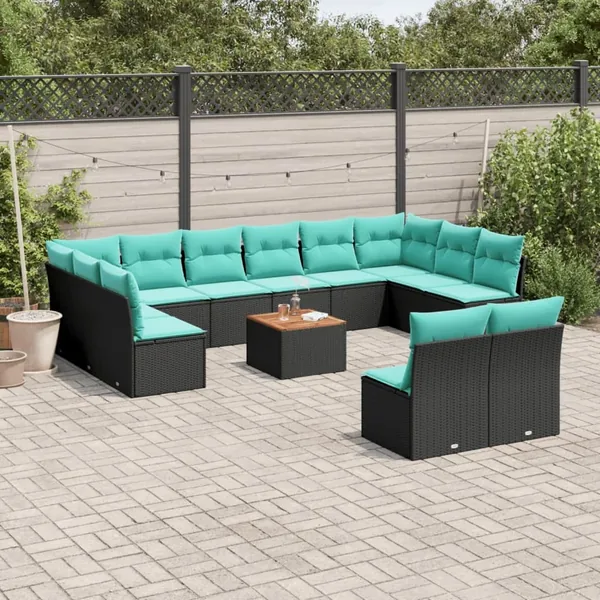 Salon de jardin avec coussins 13 pcs noir résine tressée