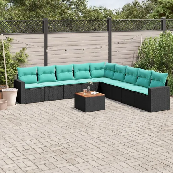 Salon de jardin 10 pcs avec coussins noir résine tressée