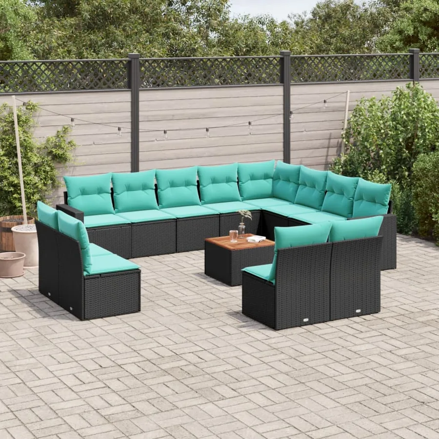 Salon de jardin avec coussins 13 pcs noir résine tressée