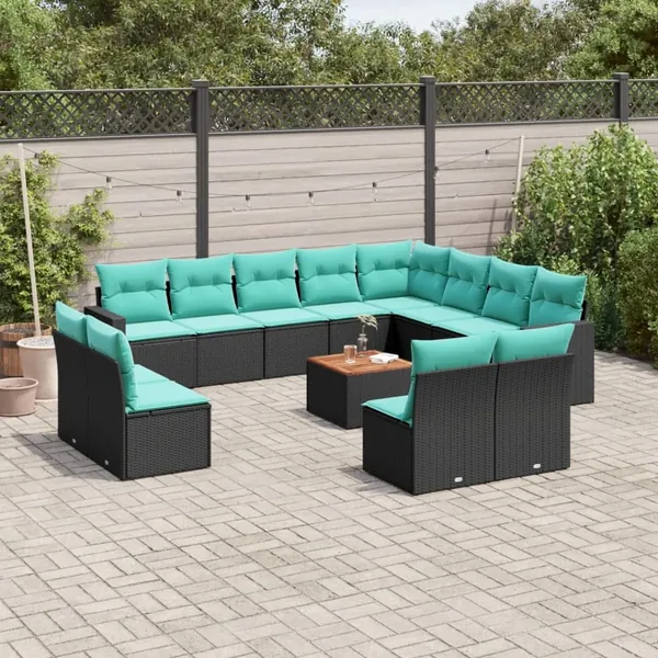 Salon de jardin avec coussins 13 pcs noir résine tressée