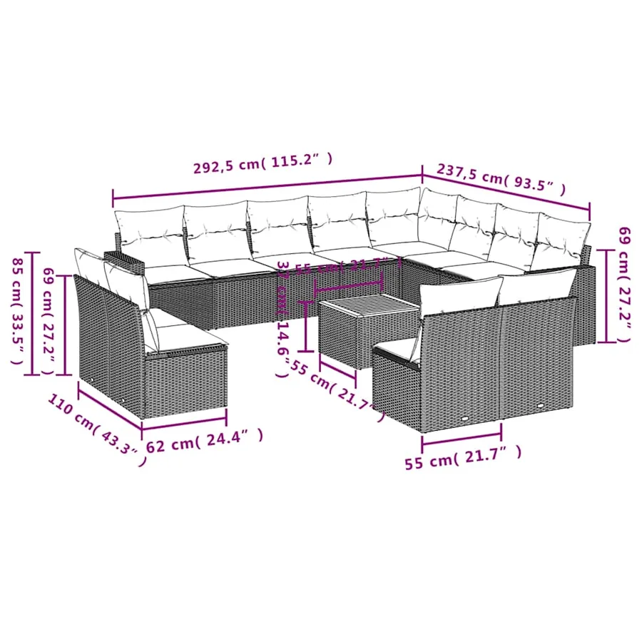 Salon de jardin avec coussins 13 pcs noir résine tressée - 12