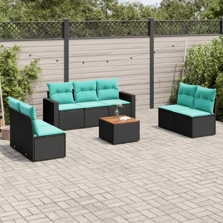 Salon de jardin 8 pcs avec coussins noir résine tressée
