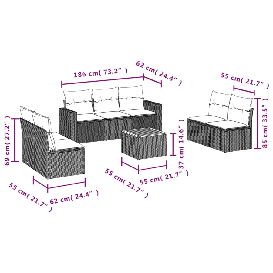 Salon de jardin 8 pcs avec coussins noir résine tressée - 10
