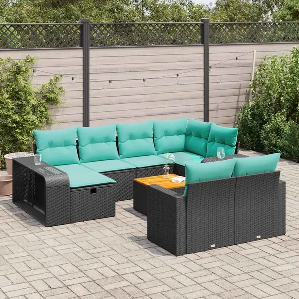 Salon de jardin 11 pcs avec coussins noir résine tressée