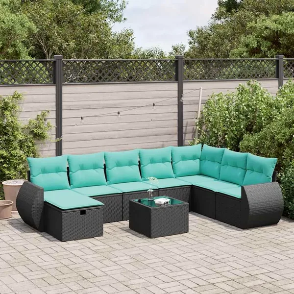 Salon de jardin 9 pcs avec coussins noir résine tressée