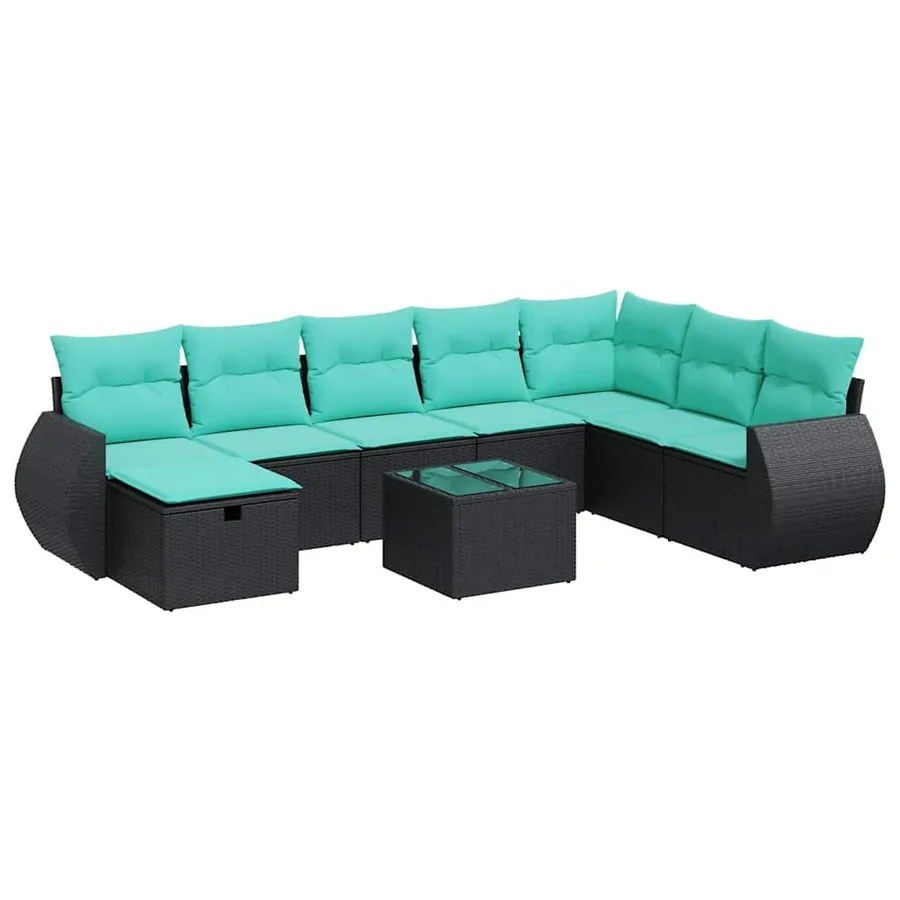 Salon de jardin 9 pcs avec coussins noir résine tressée - 2