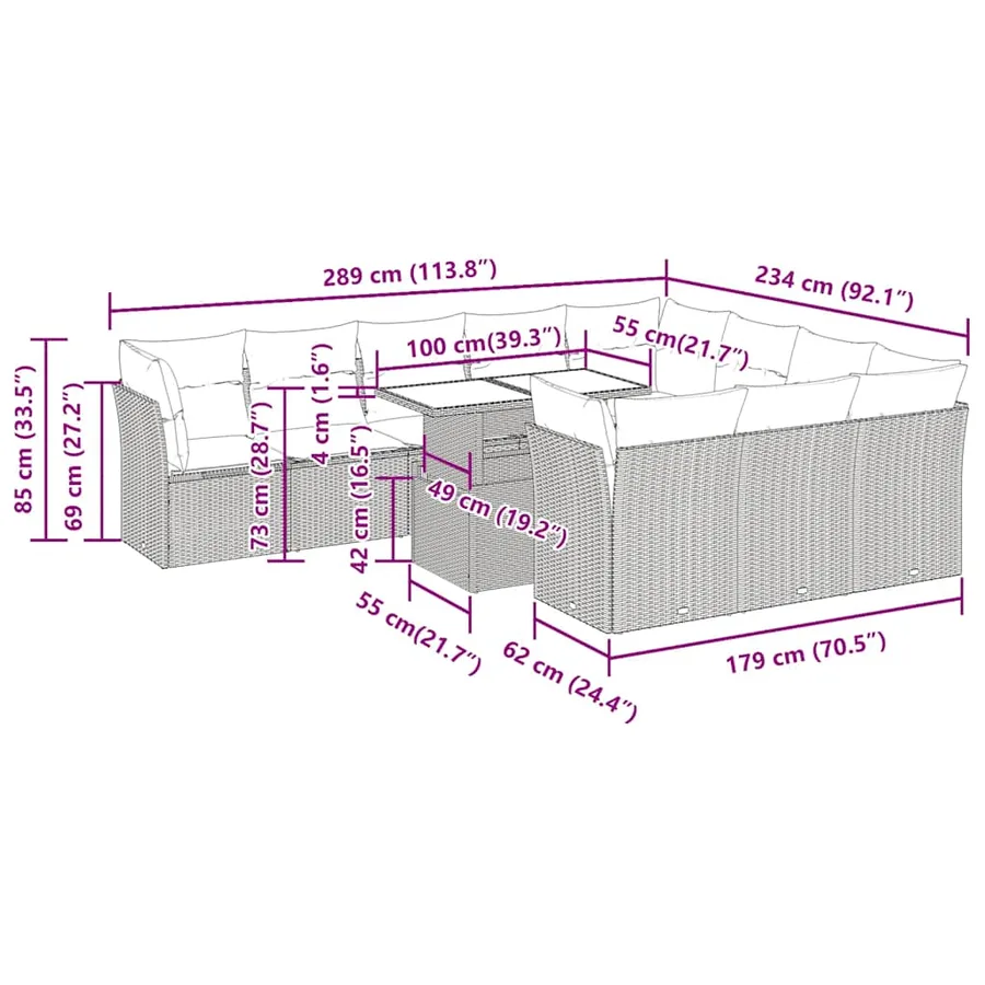 Ensemble de canapés de jardin 11 pcs et coussins rotin acacia - 11