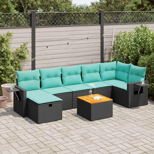 Salon de jardin 8 pcs avec coussins noir résine tressée