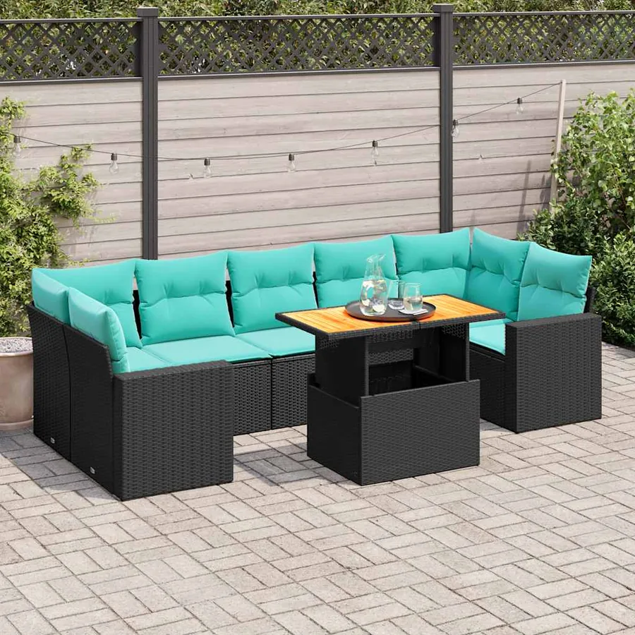 Salon de jardin 8 pcs avec coussins noir résine tressée
