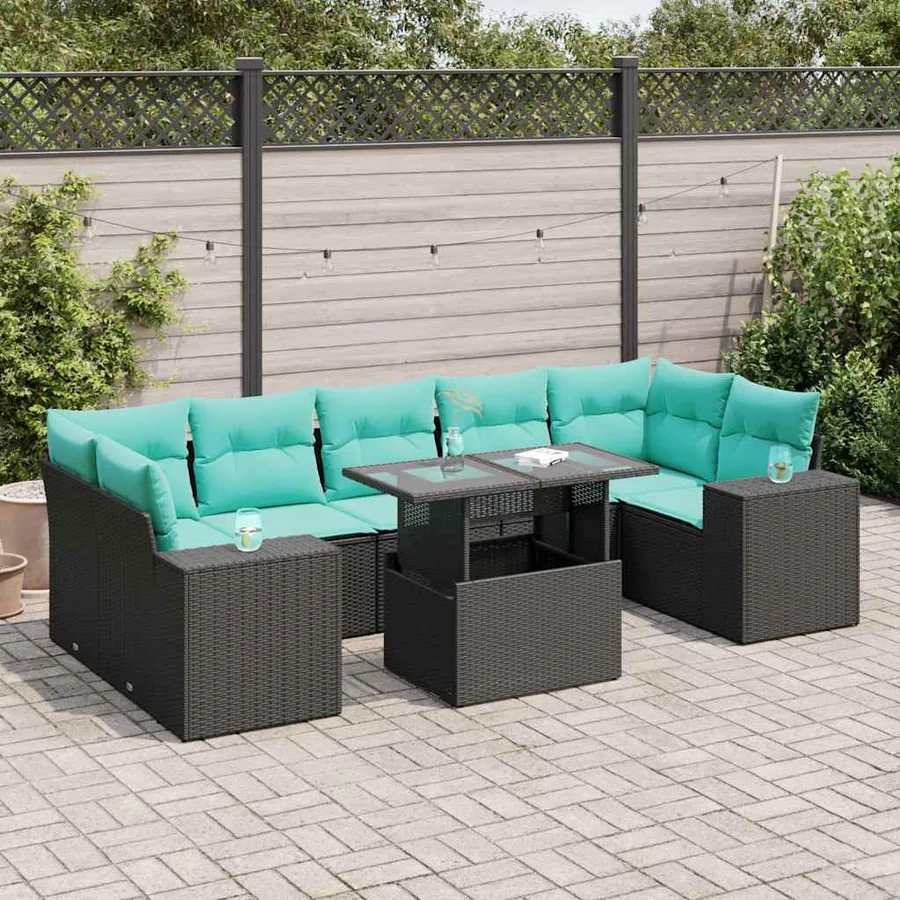 Salon de jardin avec coussins 8 pcs noir résine tressée acacia