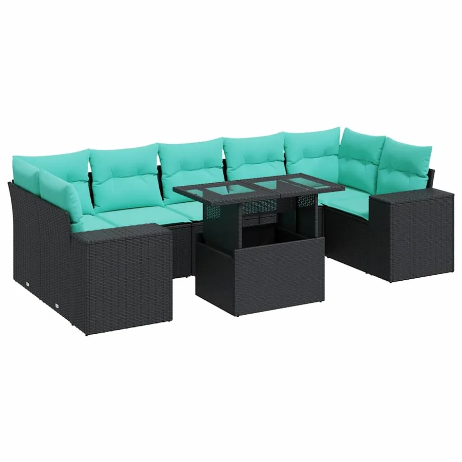 Salon de jardin avec coussins 8 pcs noir résine tressée acacia - 2