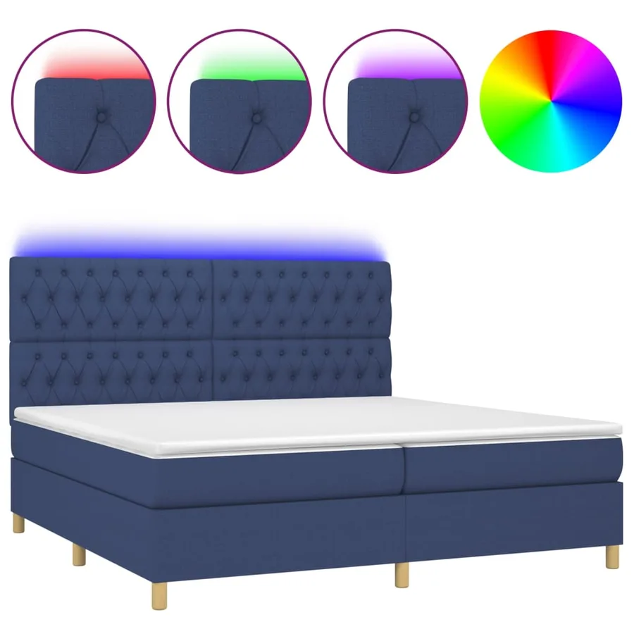 Sommier à lattes de lit et matelas et LED Bleu 200x200 cm Tissu - 2