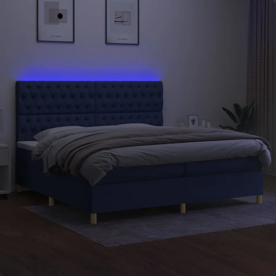 Sommier à lattes de lit et matelas et LED Bleu 200x200 cm Tissu - 4