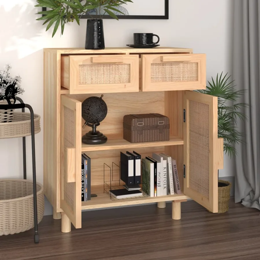 Buffet Marron 60x30x75 cm Bois de pin massif et rotin naturel - 3
