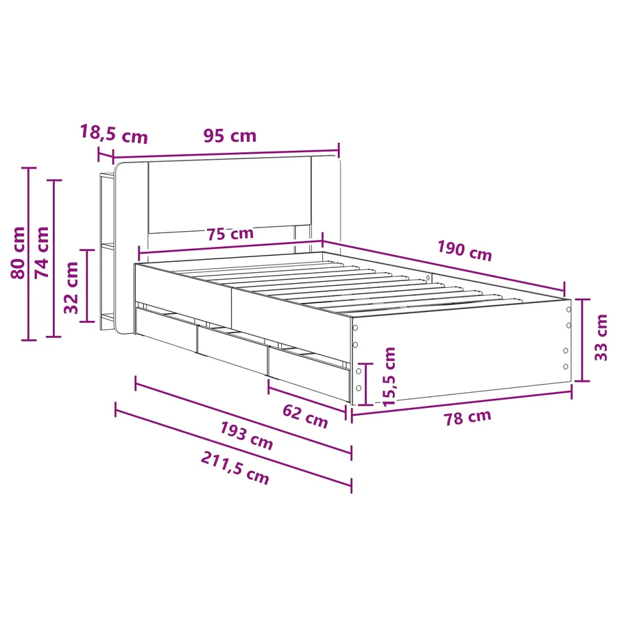 Cadre de lit avec rangement Gris béton 75 x 190 cm - 10