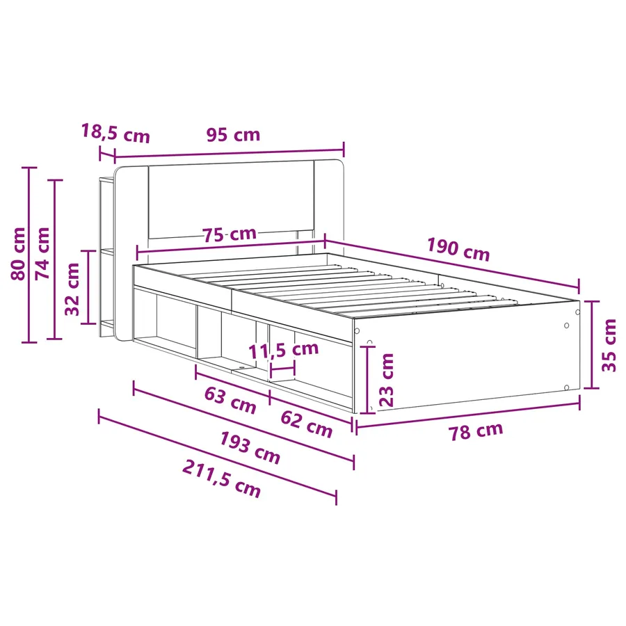 Cadre de lit avec rangement Chêne artisanal 75 x 190 cm - 8