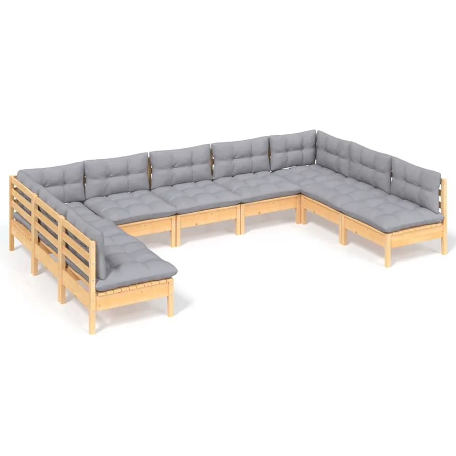 Salon de jardin 9 pcs avec coussins gris bois de pin massif - 2