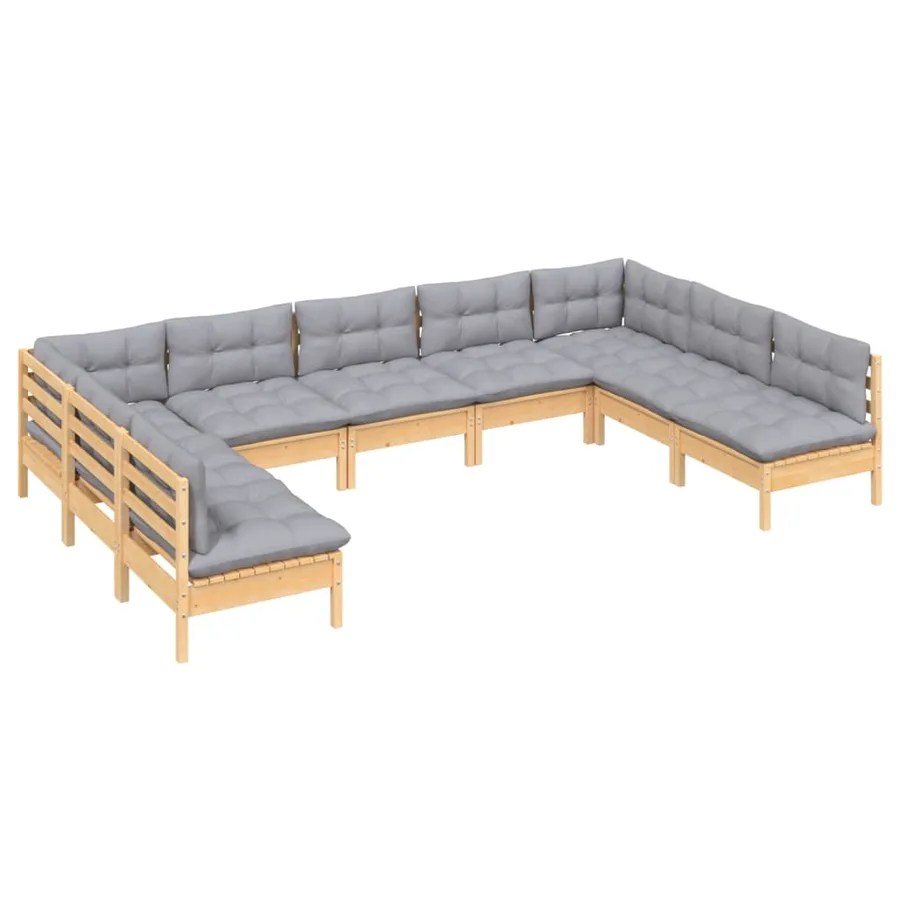 Salon de jardin 9 pcs avec coussins gris bois de pin massif - 3