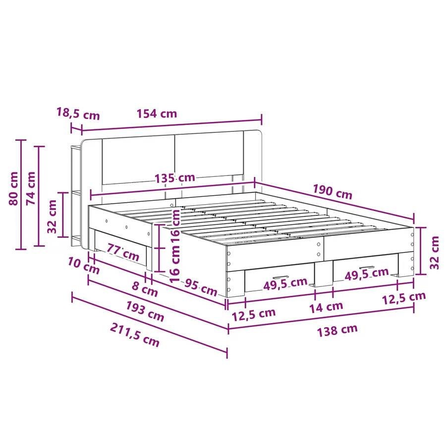 Cadre de lit avec rangement Sonoma gris 135 x 190 cm - 9