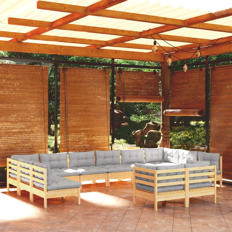 Salon de jardin 12 pcs avec coussins gris Bois de pin massif