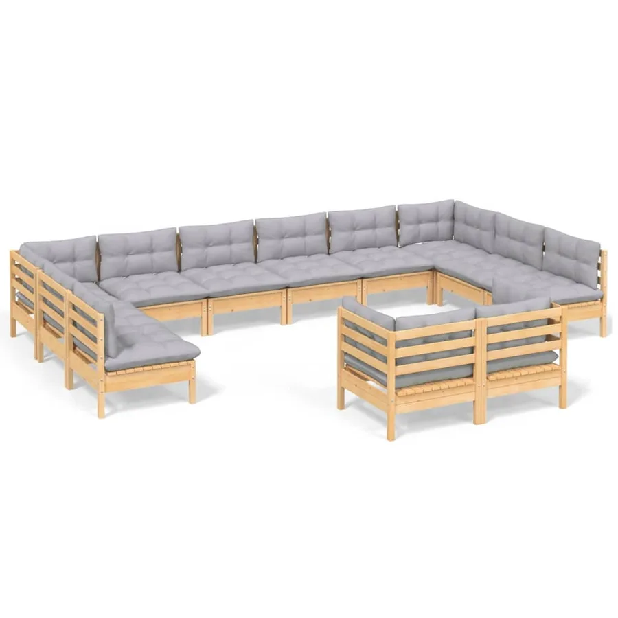 Salon de jardin 12 pcs avec coussins gris Bois de pin massif - 2