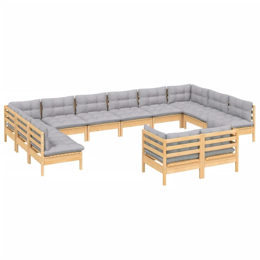 Salon de jardin 12 pcs avec coussins gris Bois de pin massif - 3