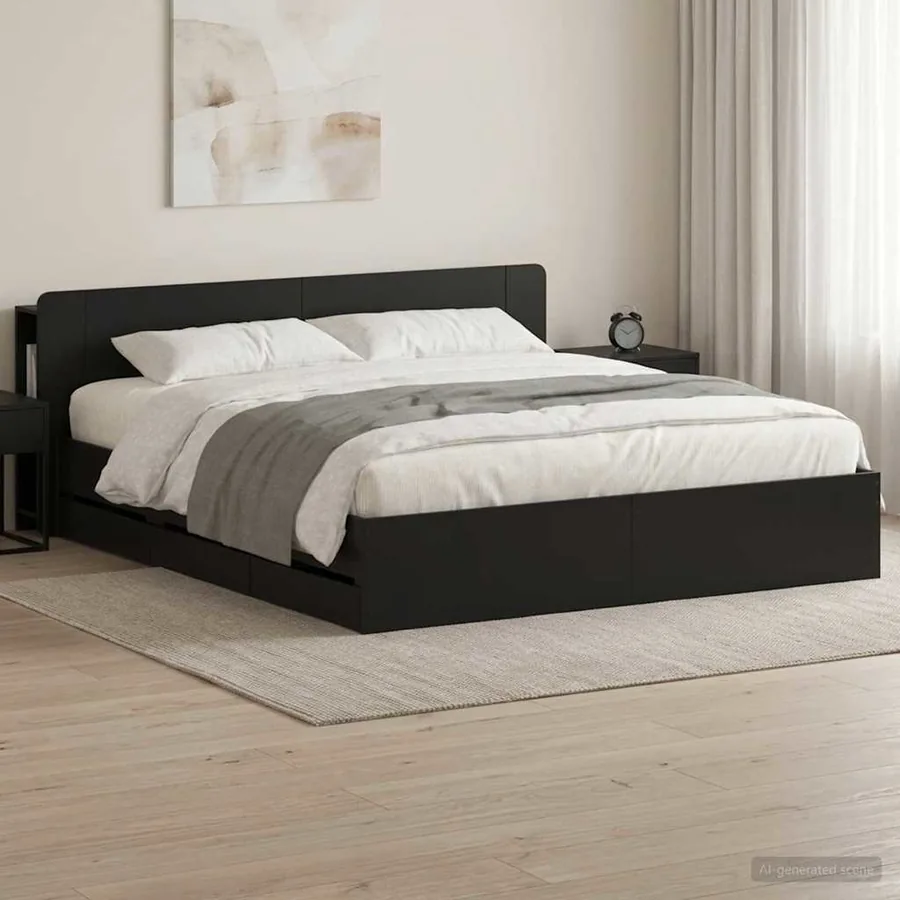 Cadre de lit avec rangement Noir 200 x 200 cm Bois d'ingénierie