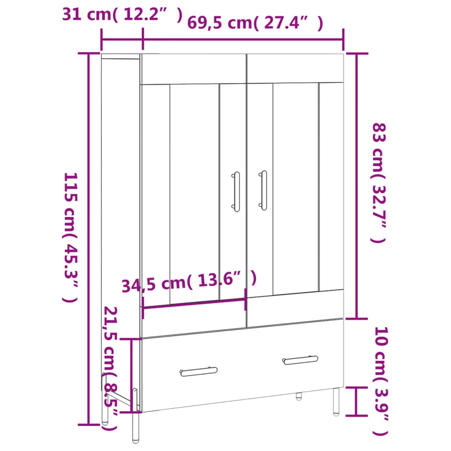 Buffet haut blanc 69,5x31x115 cm bois d'ingénierie - 13