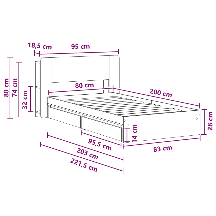 Cadre de lit avec rangement Chêne artisanal 80 x 200 cm - 10