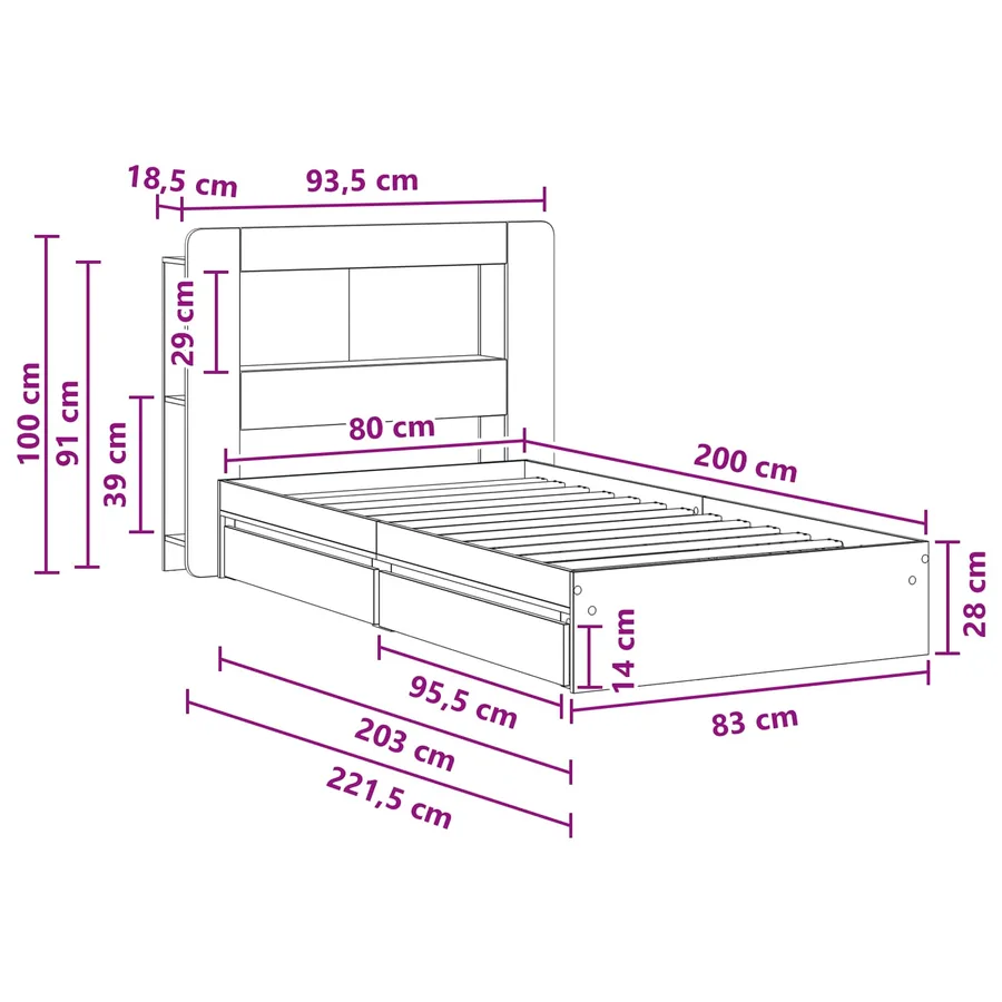 Cadre de lit avec rangement Chêne artisanal 80 x 200 cm - 11