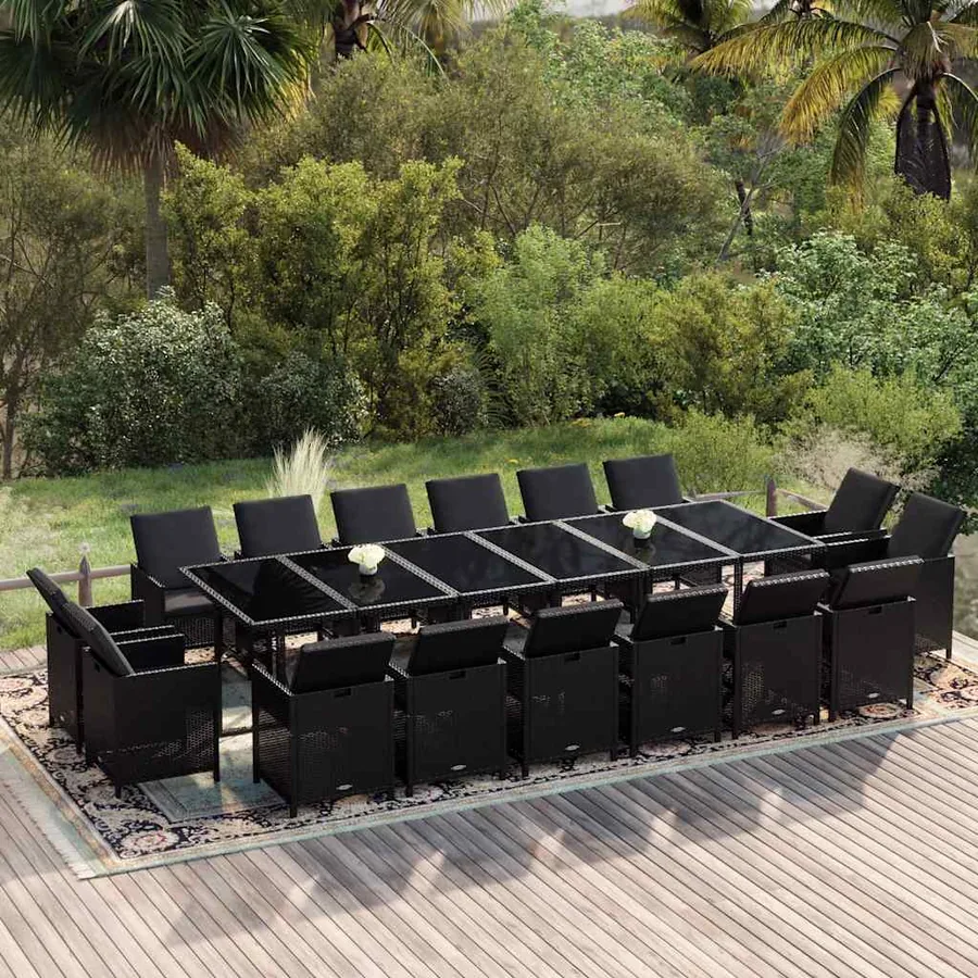Ensemble à manger de jardin coussins 17 pcs Résine tressée Noir