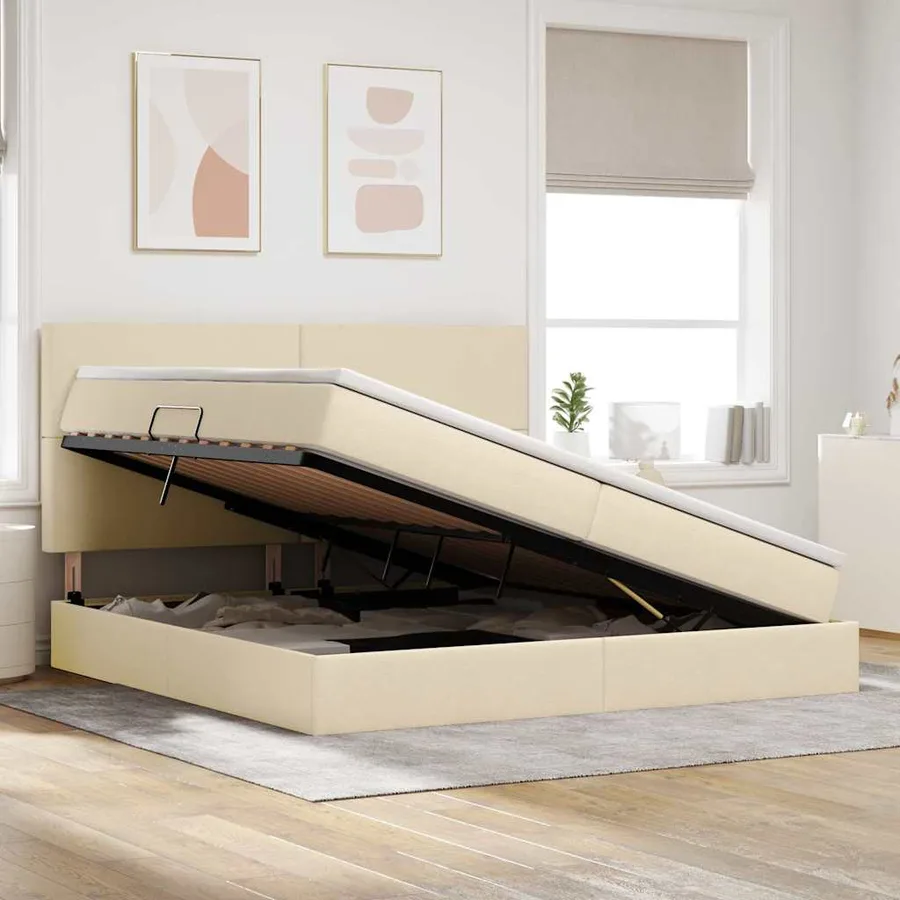 Lit avec rangement et matelas Crème 200 x 200 cm tissu - 4