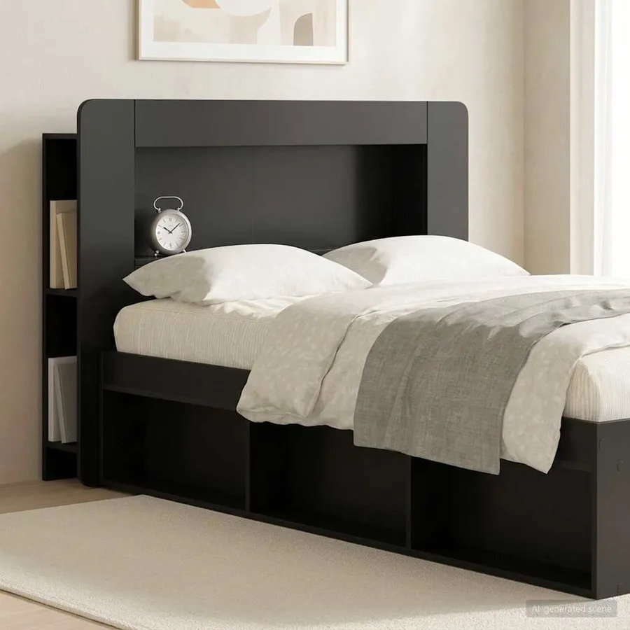 Cabinet de Tête de Lit avec stockage Noir Bois d’ingénierie - 4