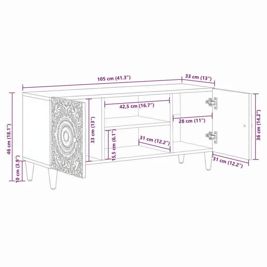 Meuble TV Blanc 105 x 33,5 x 46 cm Bois de mangue massif - 11