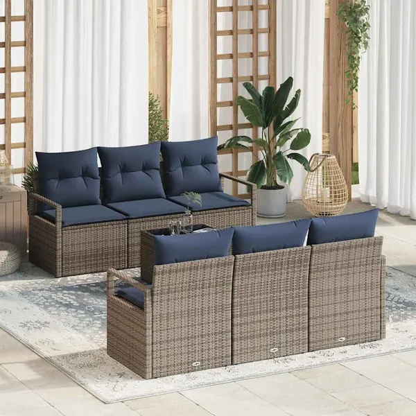 Ensemble de Canapés avec coussin 7 pcs Gris et marine polyrotin